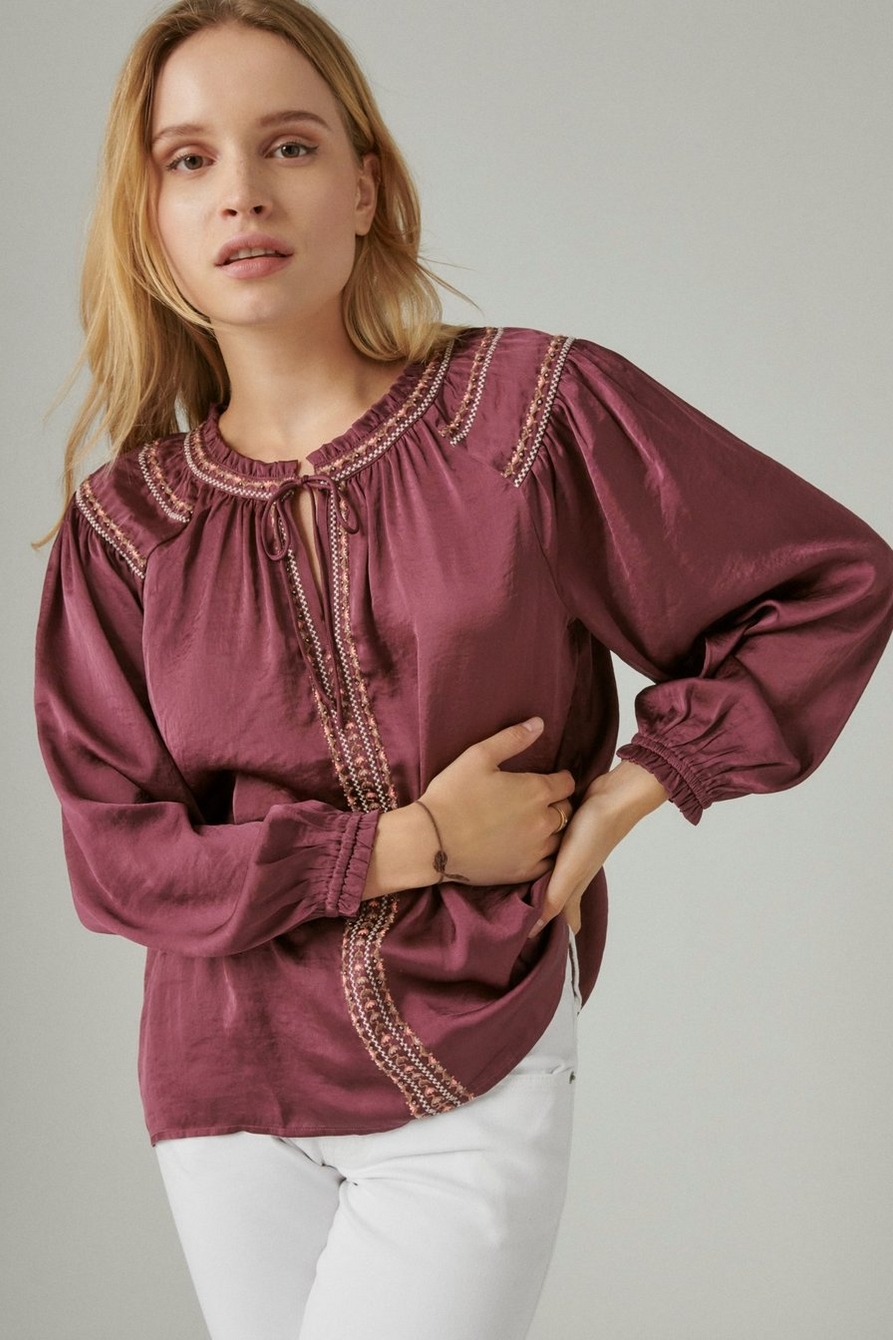 EMBROIDERED SATIN PEASANT TOP