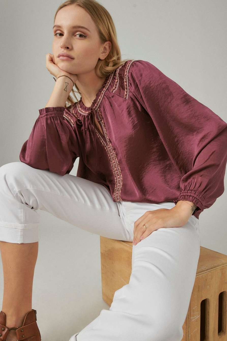 EMBROIDERED SATIN PEASANT TOP, image 4