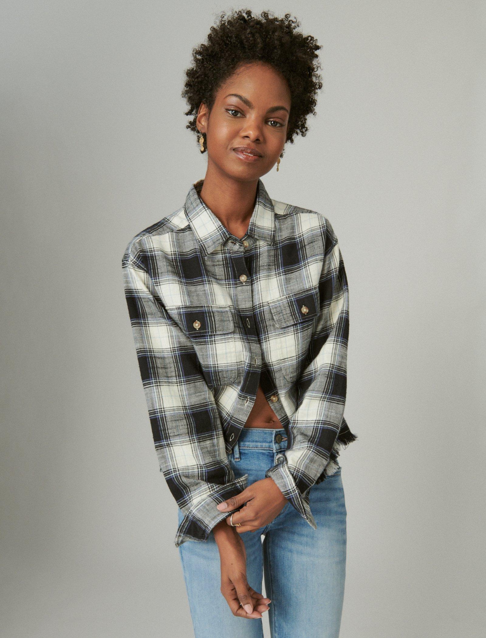 RAW EDGE FLANNEL CROPPED BUTTON DOWN SHIRT | Lucky Brand