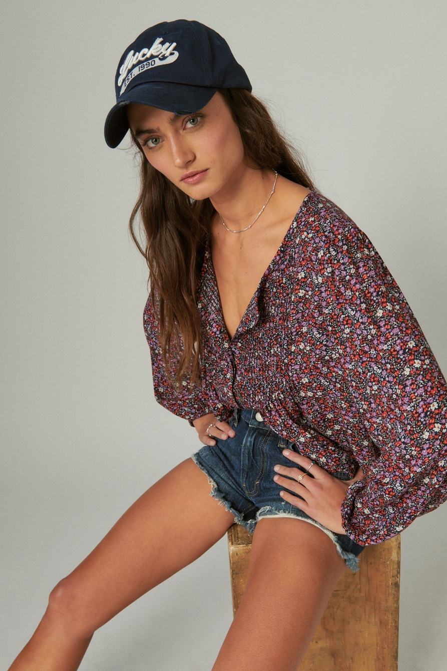 PRINTED BUTTON DOWN PINTUCK TOP, image 1