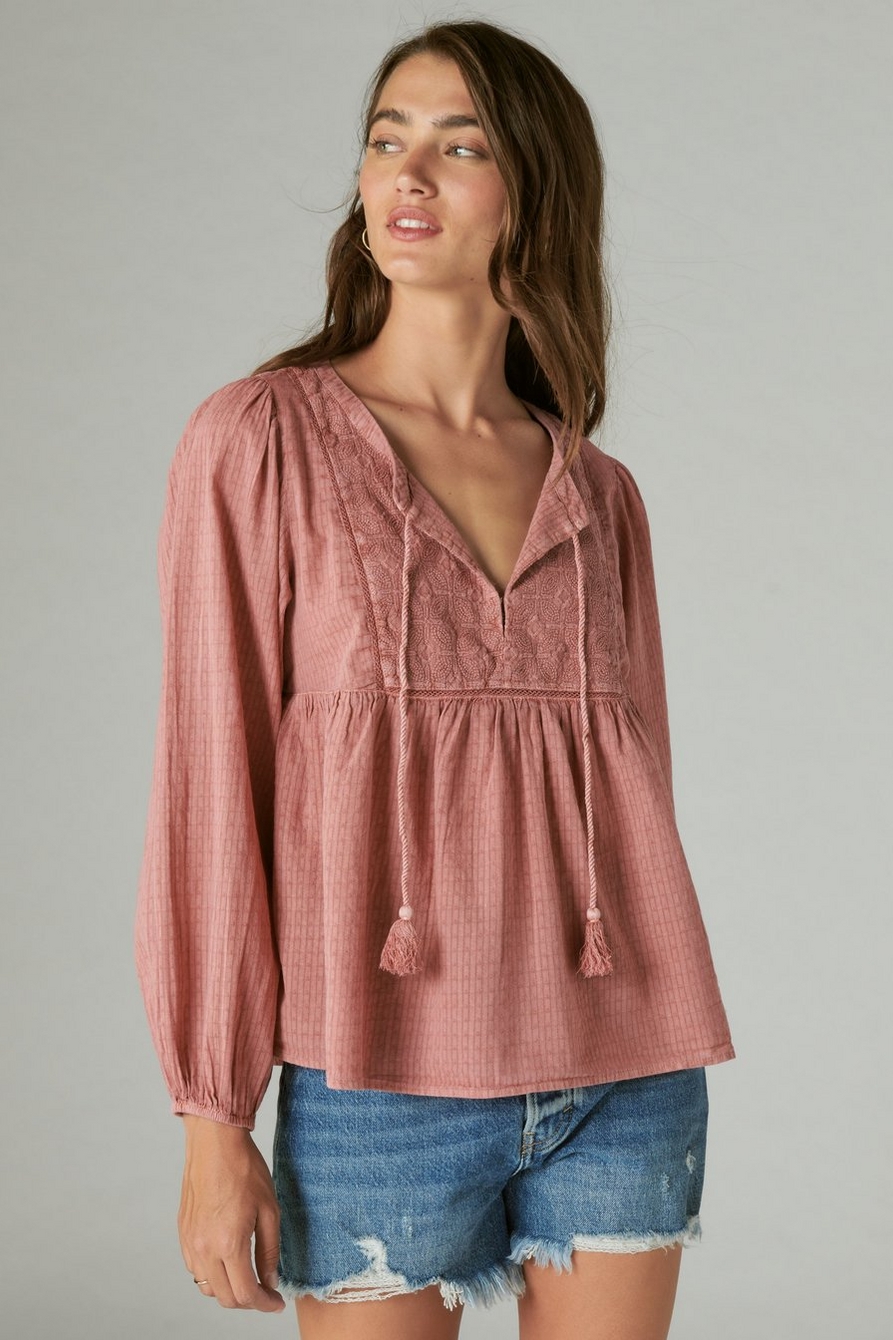 Lucky Brand Mixed Media Peasant Top - Women's Clothing Peasant Tops Shirts  in Dusty Olive, Size XL - Yahoo Shopping