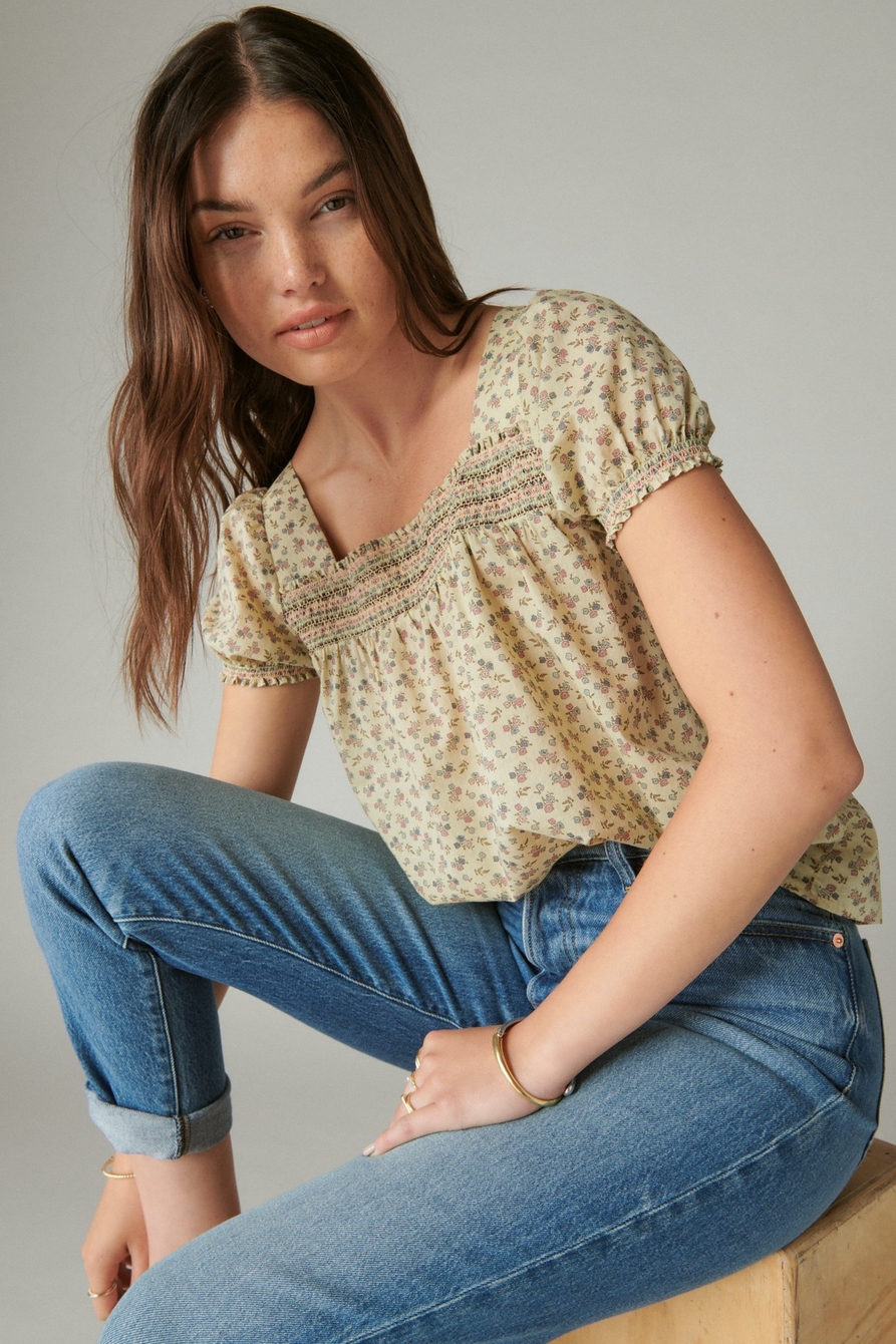 Lucky Brand Ditsy Foral Square Neck Peasant Top