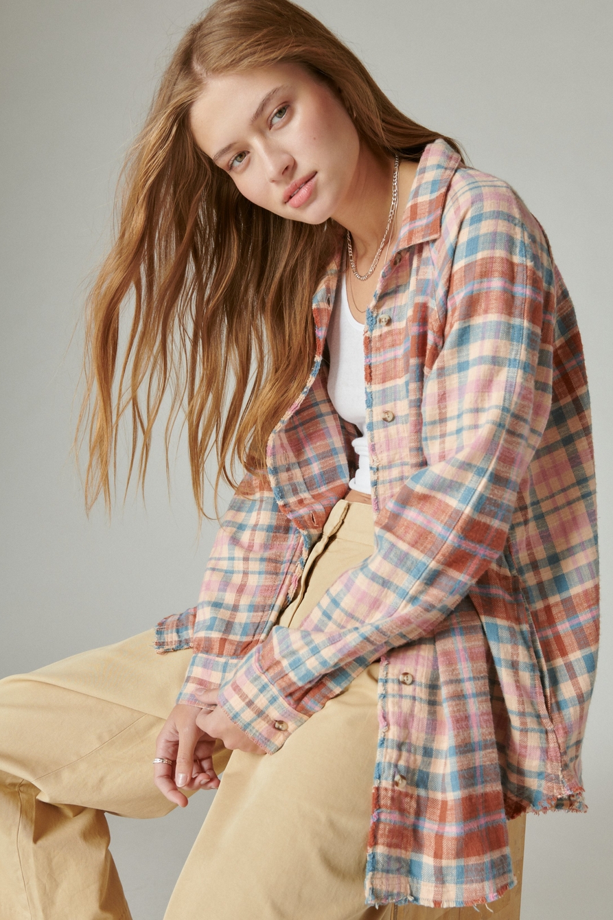 OVERSIZED DISTRESSED PLAID FLANNEL TUNIC, image 1