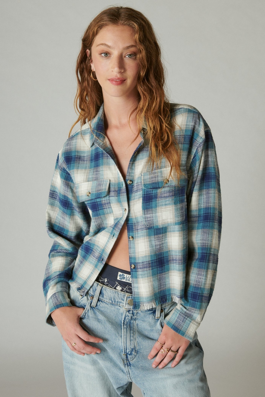 Lucky Brand Women's Raw Edge Plaid Cropped Button Down Shirt, Black Plaid,  X-Small : : Clothing, Shoes & Accessories