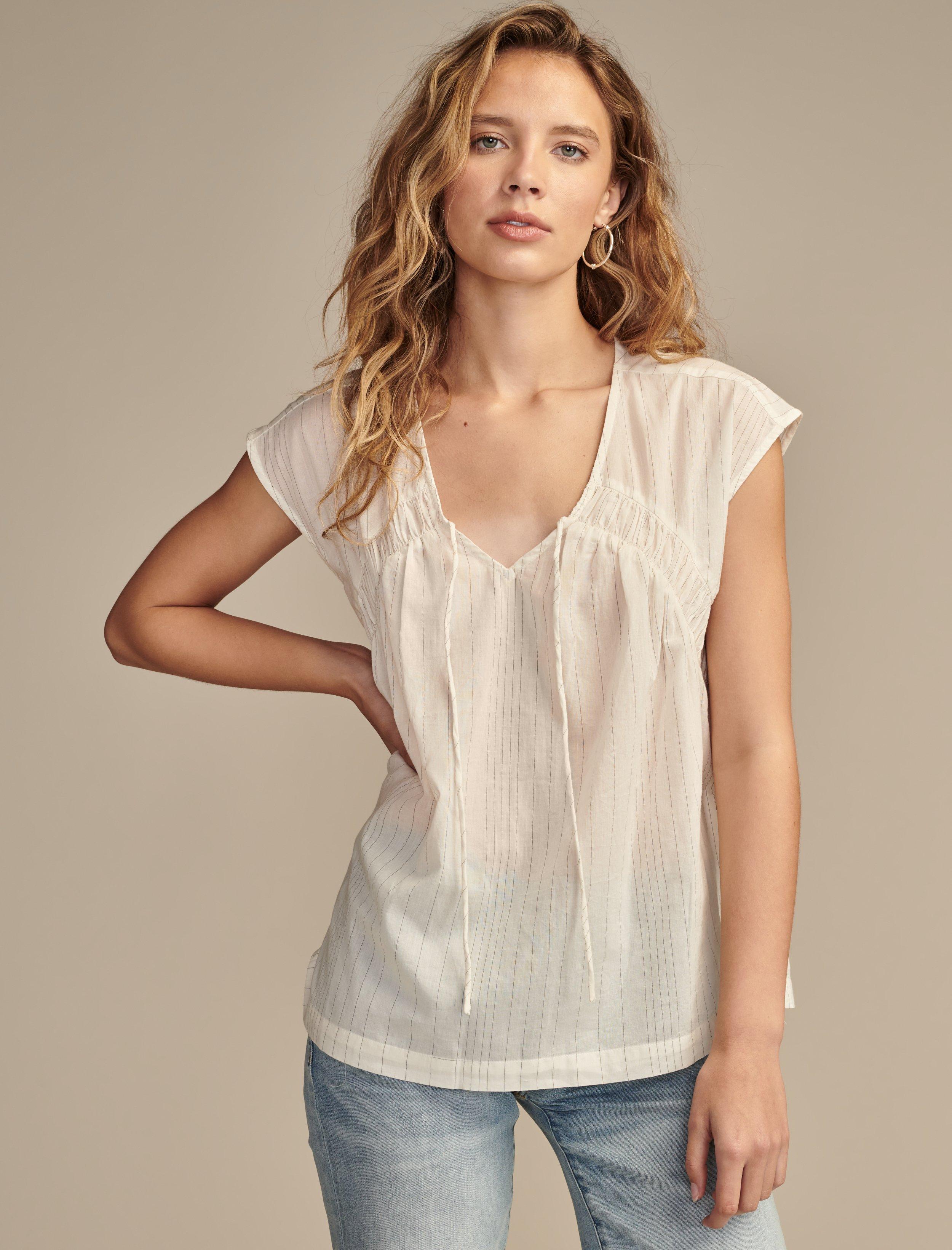 LINED RUCHED TIE FRONT SHORT SLEEVE SHIRT