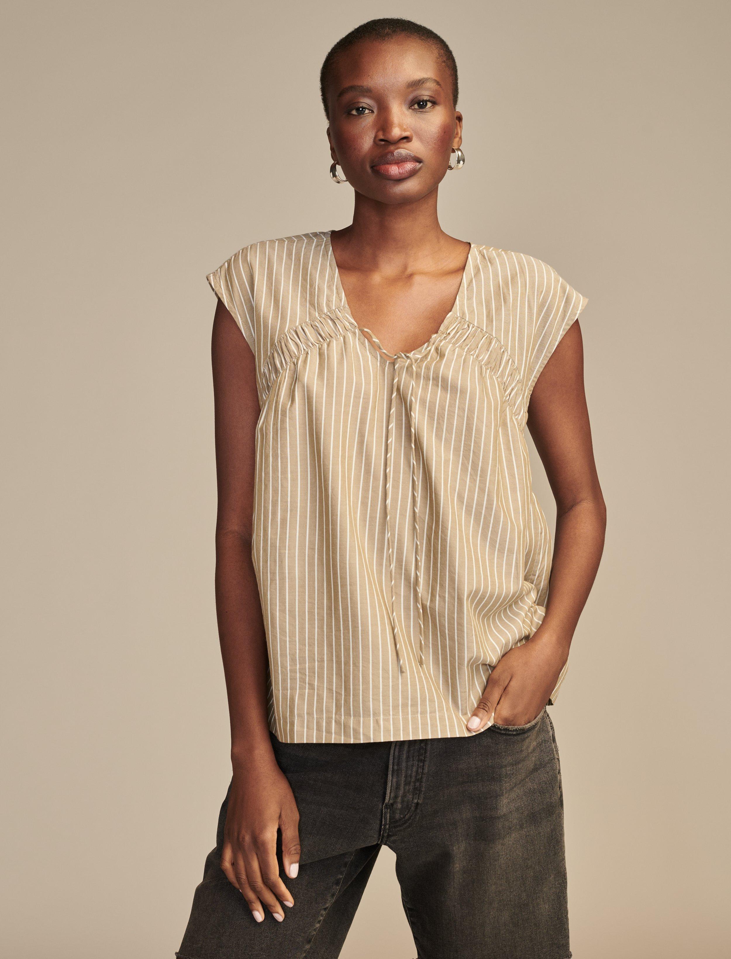 STRIPED RUCHED TIE FRONT SHORT SLEEVE SHIRT