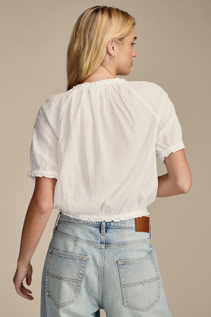 SHORT SLEEVE GEO EMBROIDERED PEASANT TOP | Lucky Brand