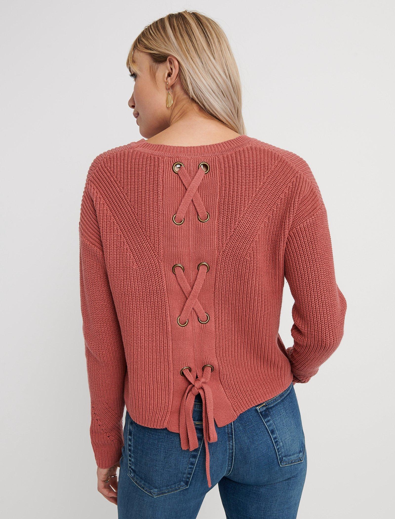 Lucky Brand Women's Omber Lace Up Pullover Sweater