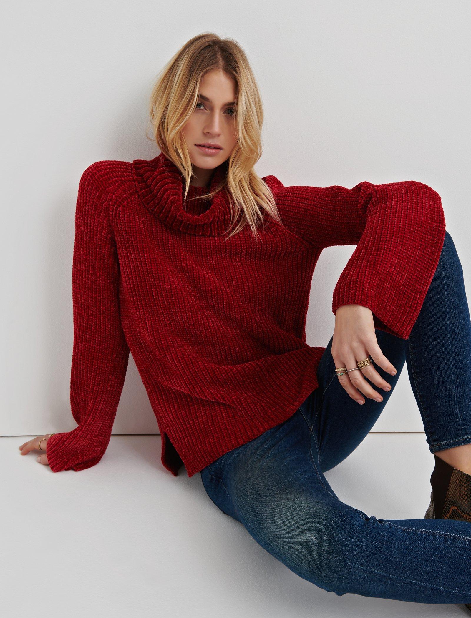 red cowl neck sweater