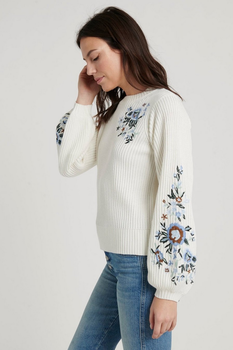 Lucky Brand Womens Embroidered Pullover Sweater, White, X-Small