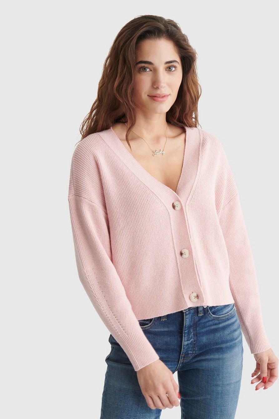 RIBBED V-NECK CROPPED CARDIGAN | Lucky Brand