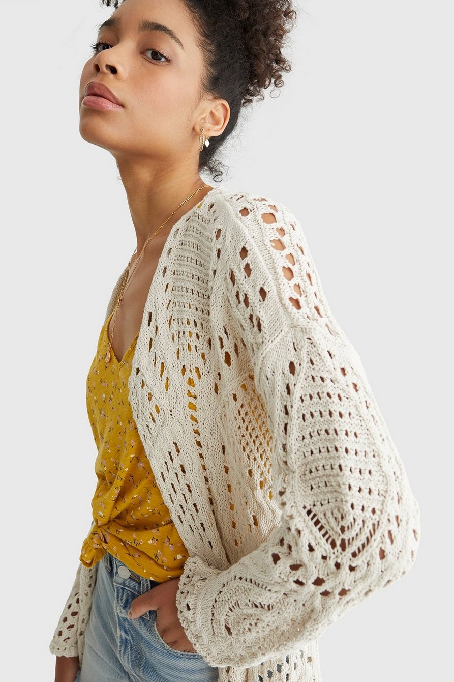 Women's Lucky Brand Open Knit Crochet Cotton Linen Pullover Sweater -  Medium