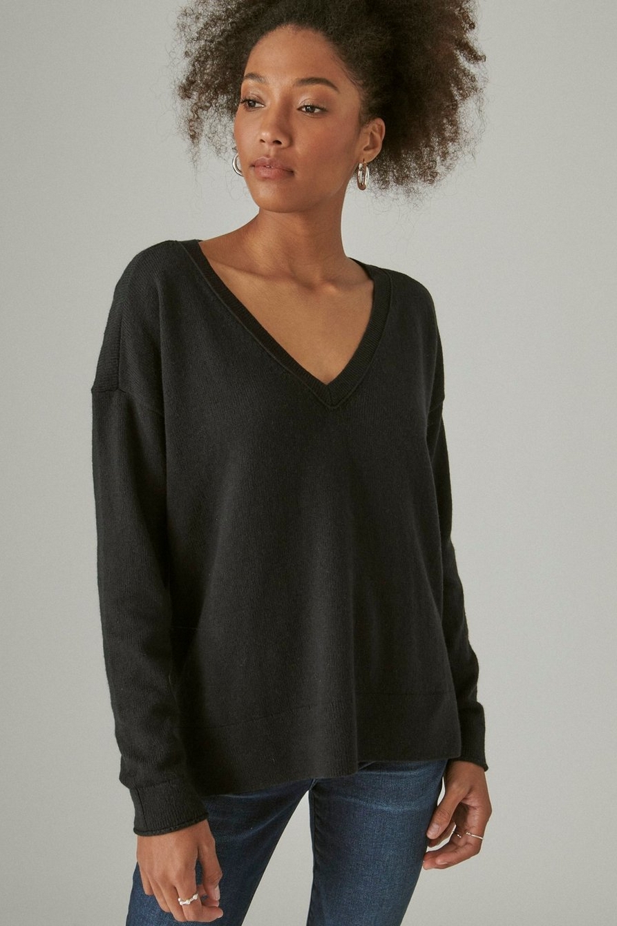 Lucky Brand Black & Gray Speckled V-Neck Long Sleeve Thin Sweater ~ Womens  SMALL - $16 - From Susan