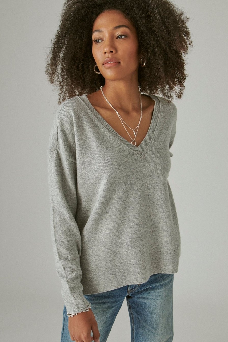 Lucky Brand Women's Pullover V Neck Tunic Sweater-Gray-Large