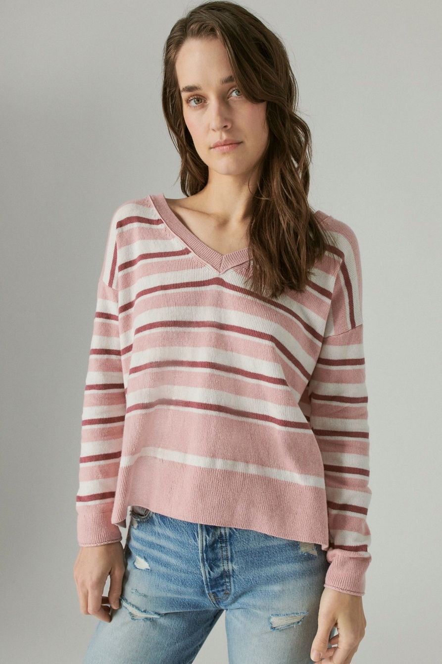 Lucky Brand Women's V-Neck Striped Sweater, Burnished Lilac, X-Small at   Women's Clothing store