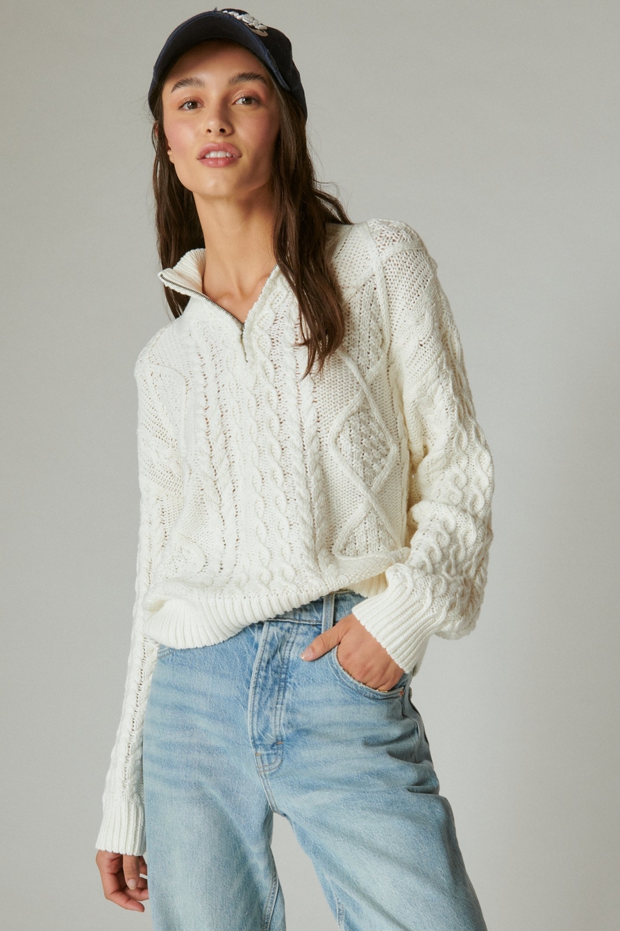 CABLE ZIP MOCK NECK SWEATER, image 1