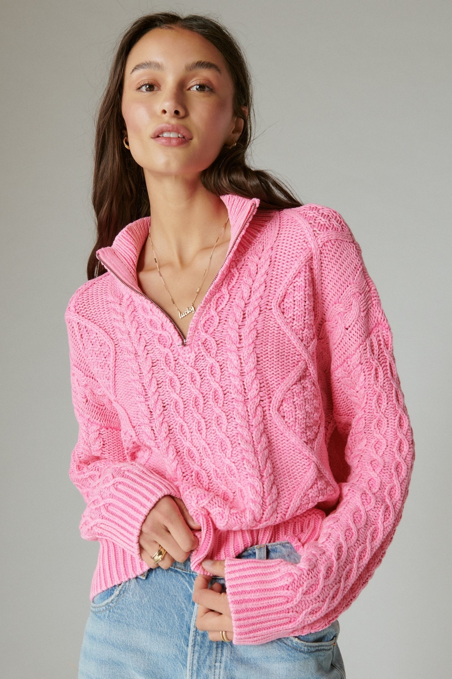 CABLE ZIP MOCK NECK SWEATER, image 1