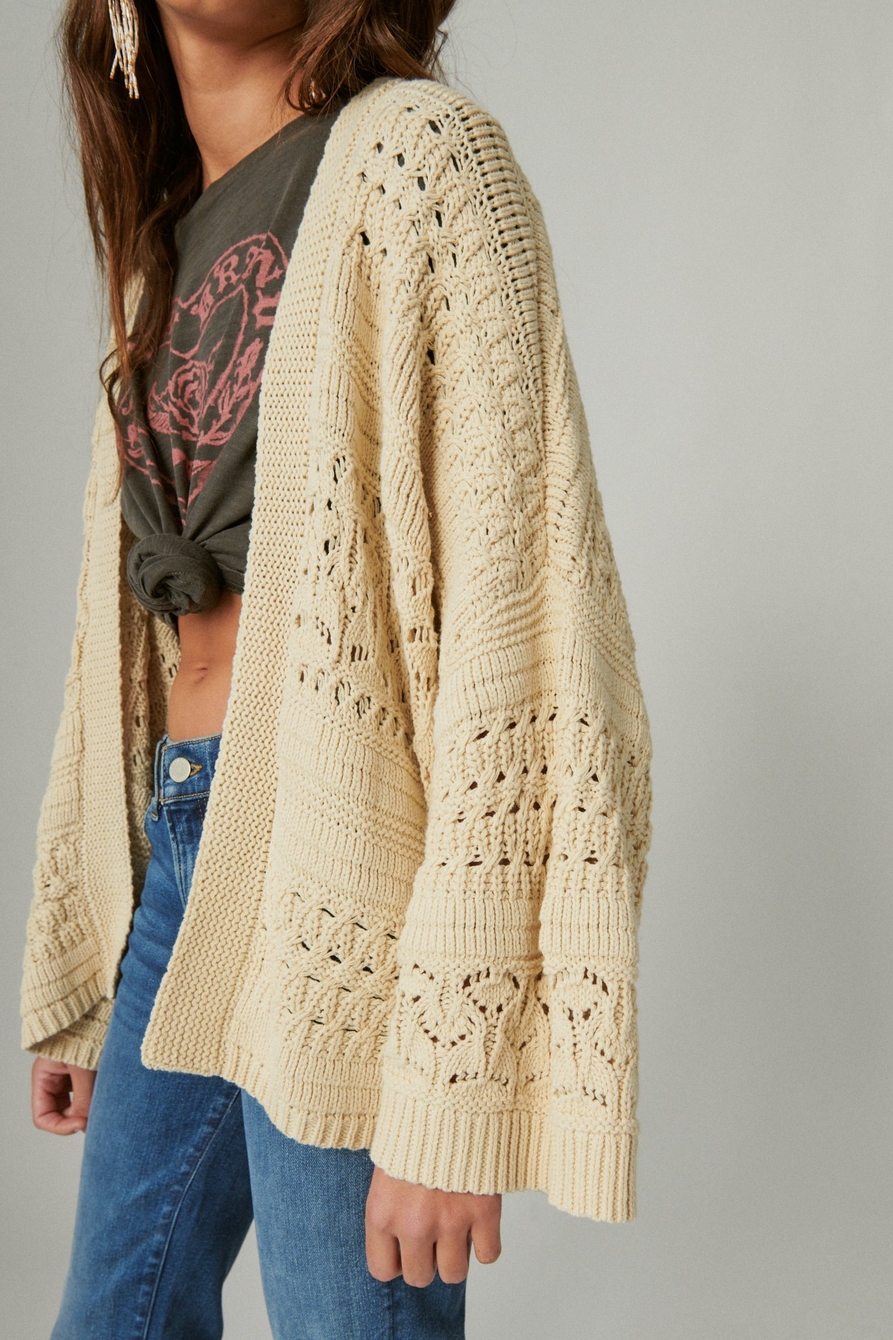 Lucky Brand Cream/ Black Patterned Open Front Cardigan Small