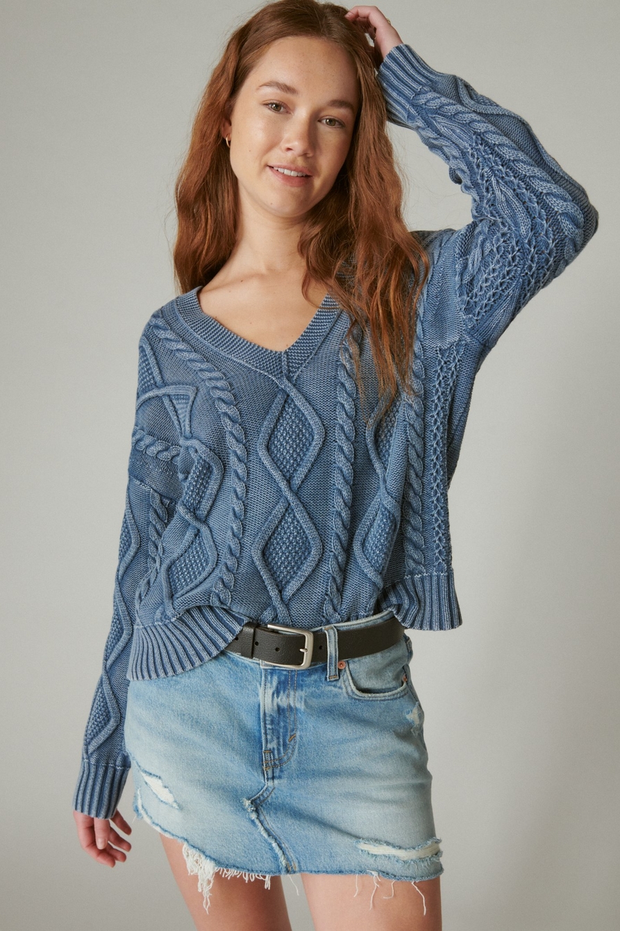 CABLE STITCH V NECK PULLOVER | Lucky Brand