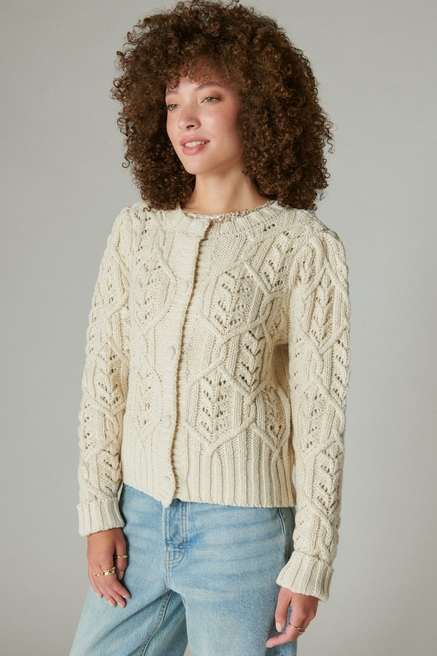 Lucky Brand Womens Sweater Large Cream Mixed Weave Knit BOHO Pullover V-Neck