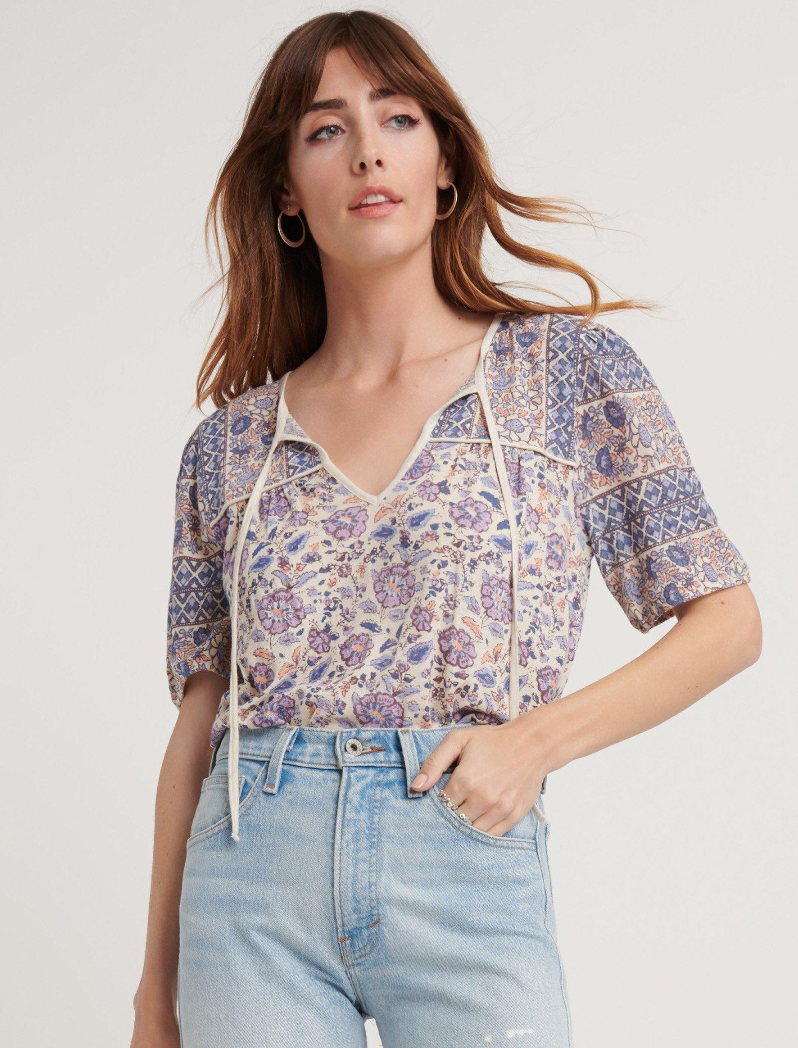 PRINTED SHORT SLEEVE PEASANT TOP | Lucky Brand