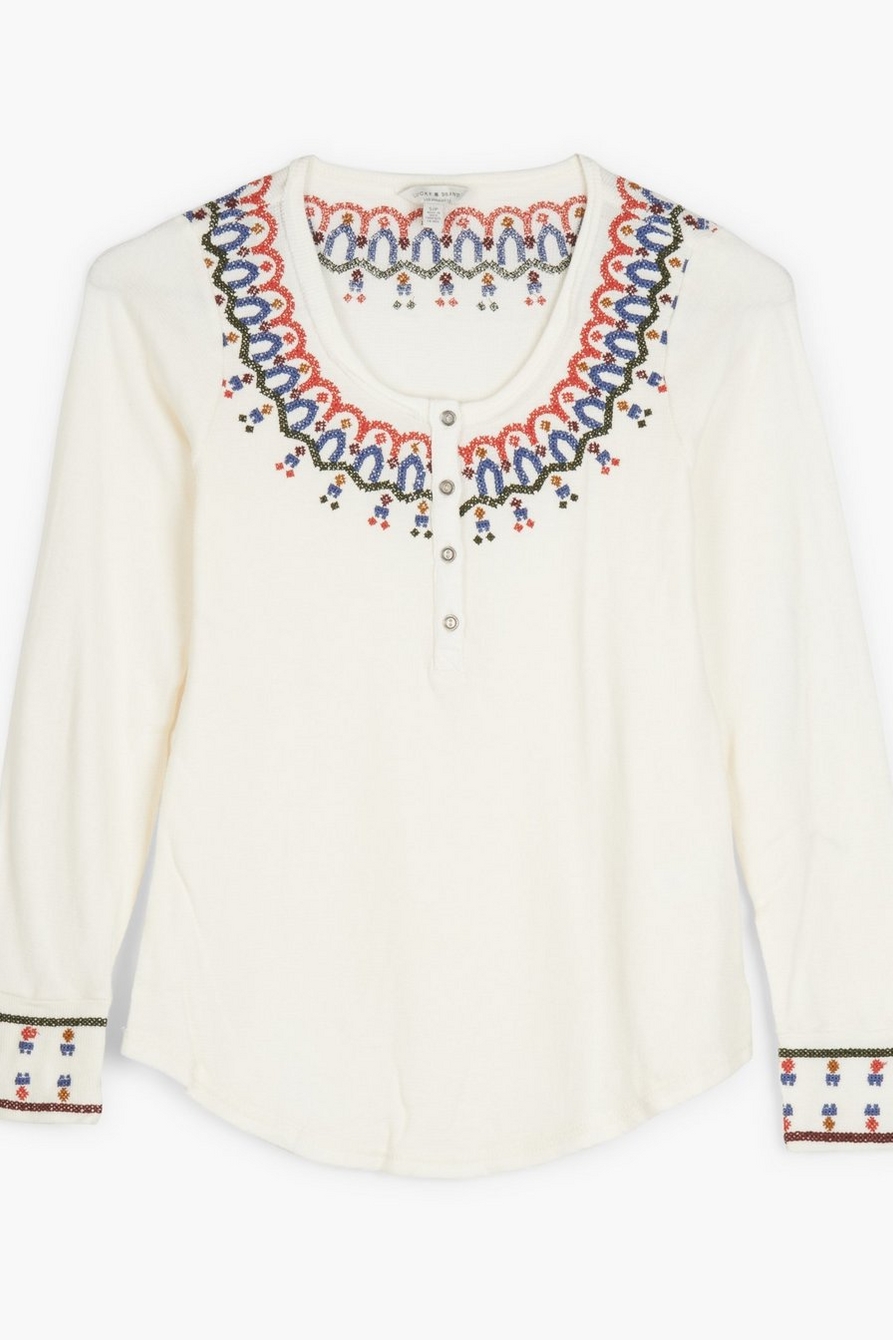 Lucky Brand Women's Embroidered Necklace Thermal Top Long Sleeves Cotton  Size M
