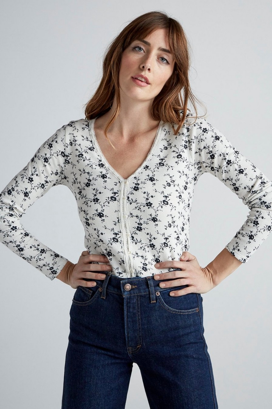 Lucky Brand Women's Floral Print Thermal Top White Size Small