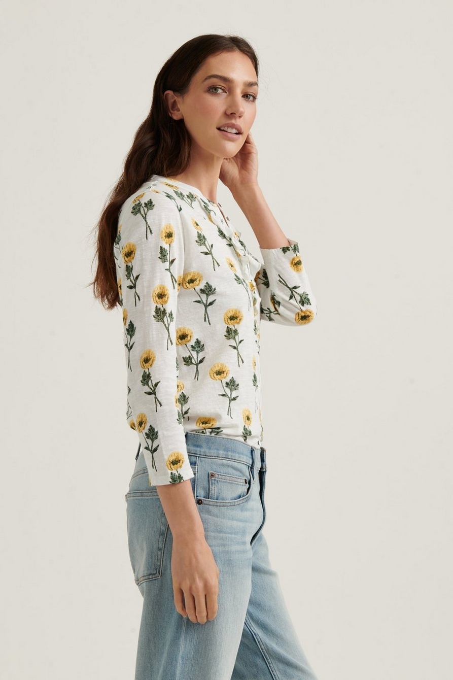 Lucky Brand Womens Long Sleeve Floral Print Ruffle Henley Shirt Henley Shirt