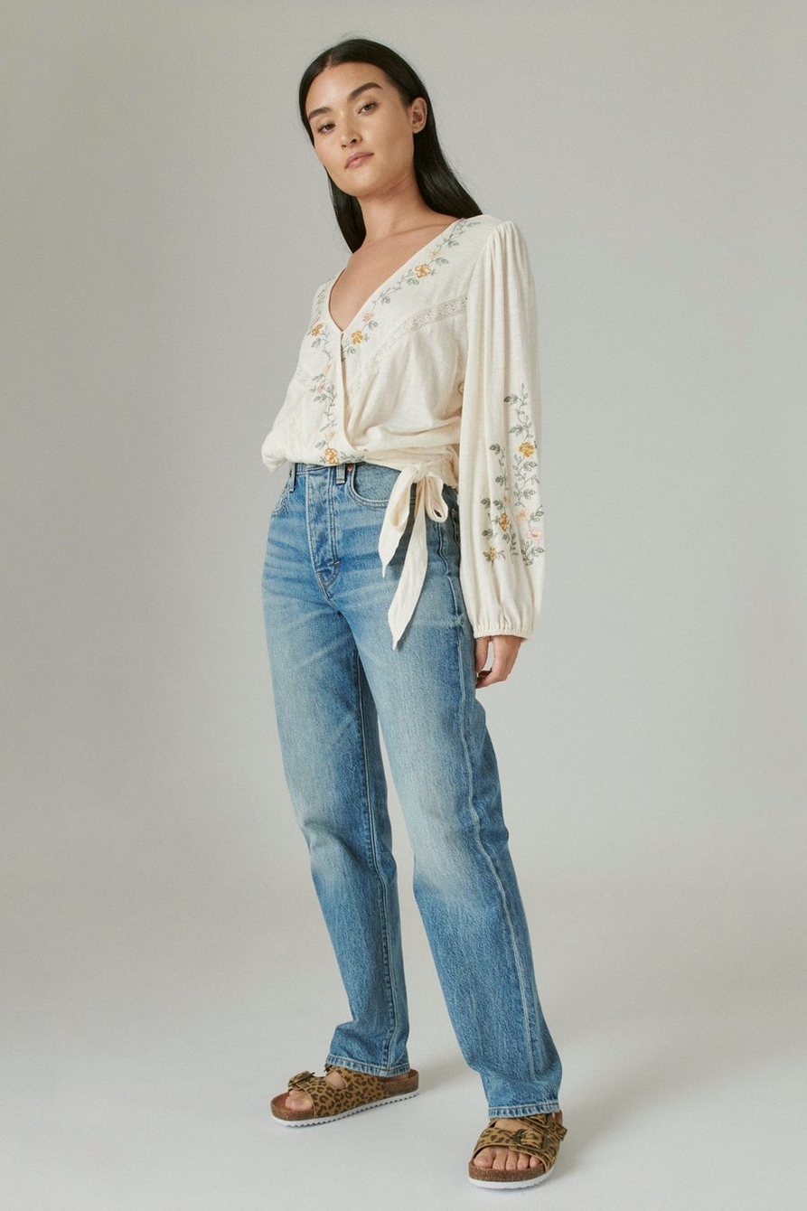 LONG SLEEVE EMBROIDERED SURPLICE WRAP TOP, image 2