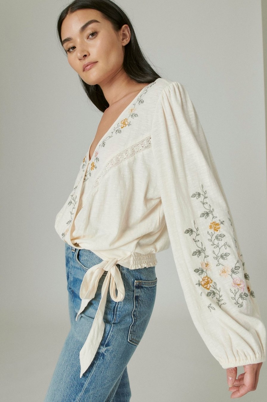 LONG SLEEVE EMBROIDERED SURPLICE WRAP TOP, image 3