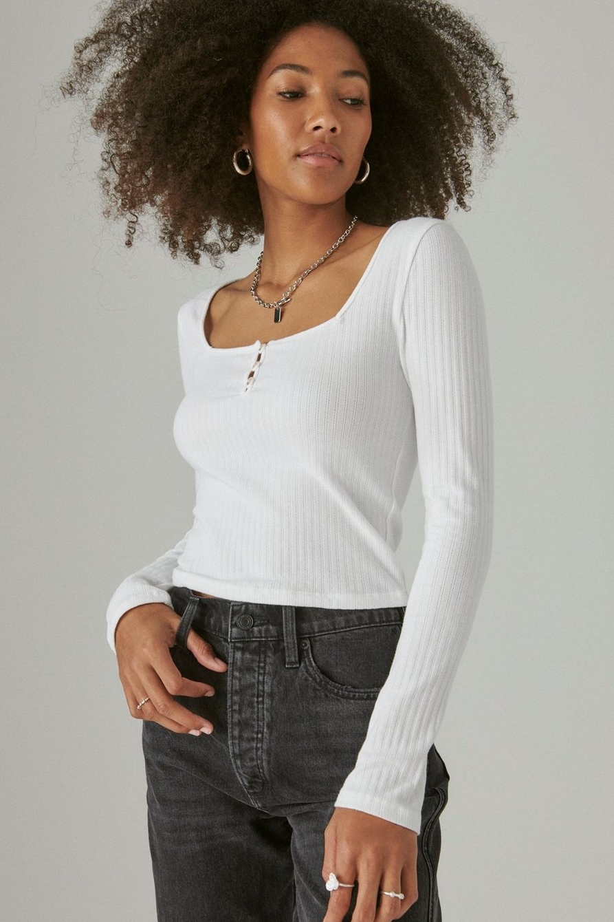 SQUARE NECK BUTTON LONG SLEEVE RIBBED POINTELLE