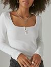 SQUARE NECK BUTTON LONG SLEEVE RIBBED POINTELLE, image 5