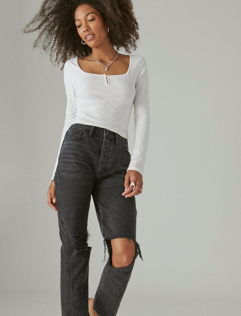 SQUARE NECK BUTTON LONG SLEEVE RIBBED POINTELLE, image 6