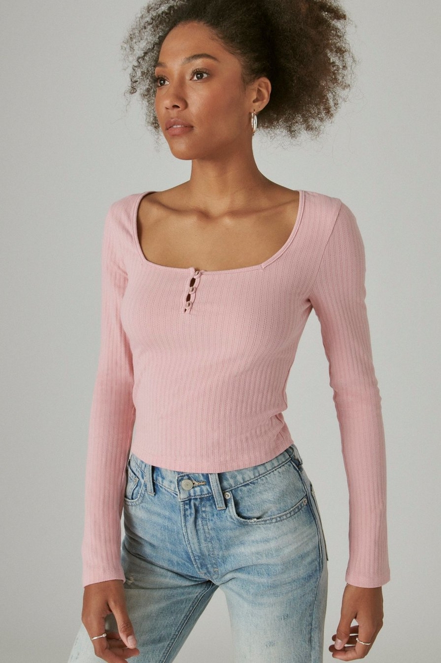 SQUARE NECK BUTTON LONG SLEEVE RIBBED POINTELLE, image 3