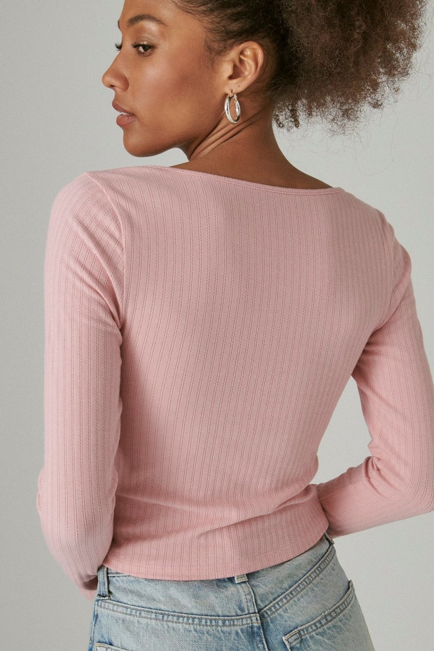 SQUARE NECK BUTTON LONG SLEEVE RIBBED POINTELLE, image 4