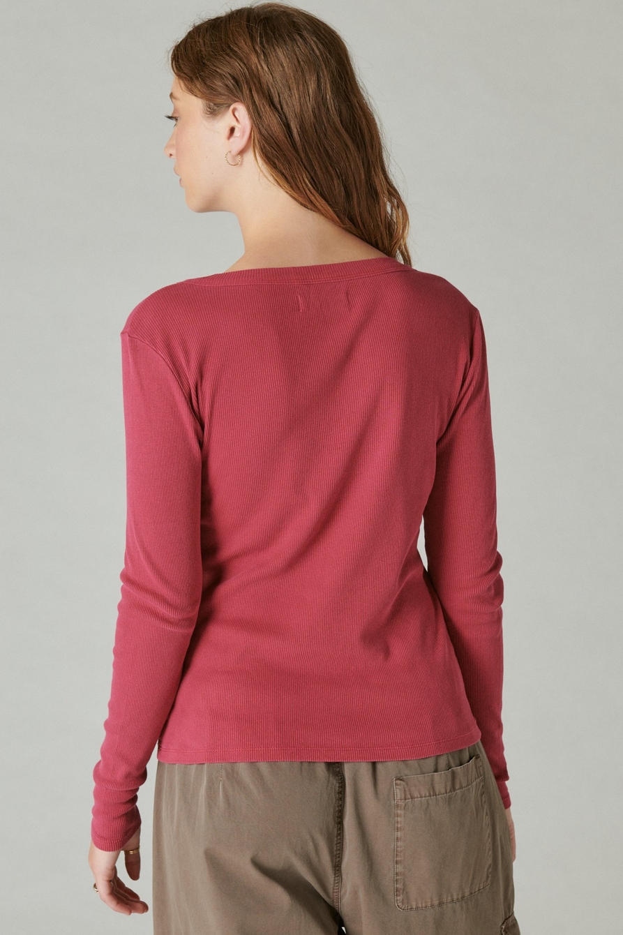 Lucky Brand Womens Red T-Shirt Buttons Long Sleeve V-Neck Size XS