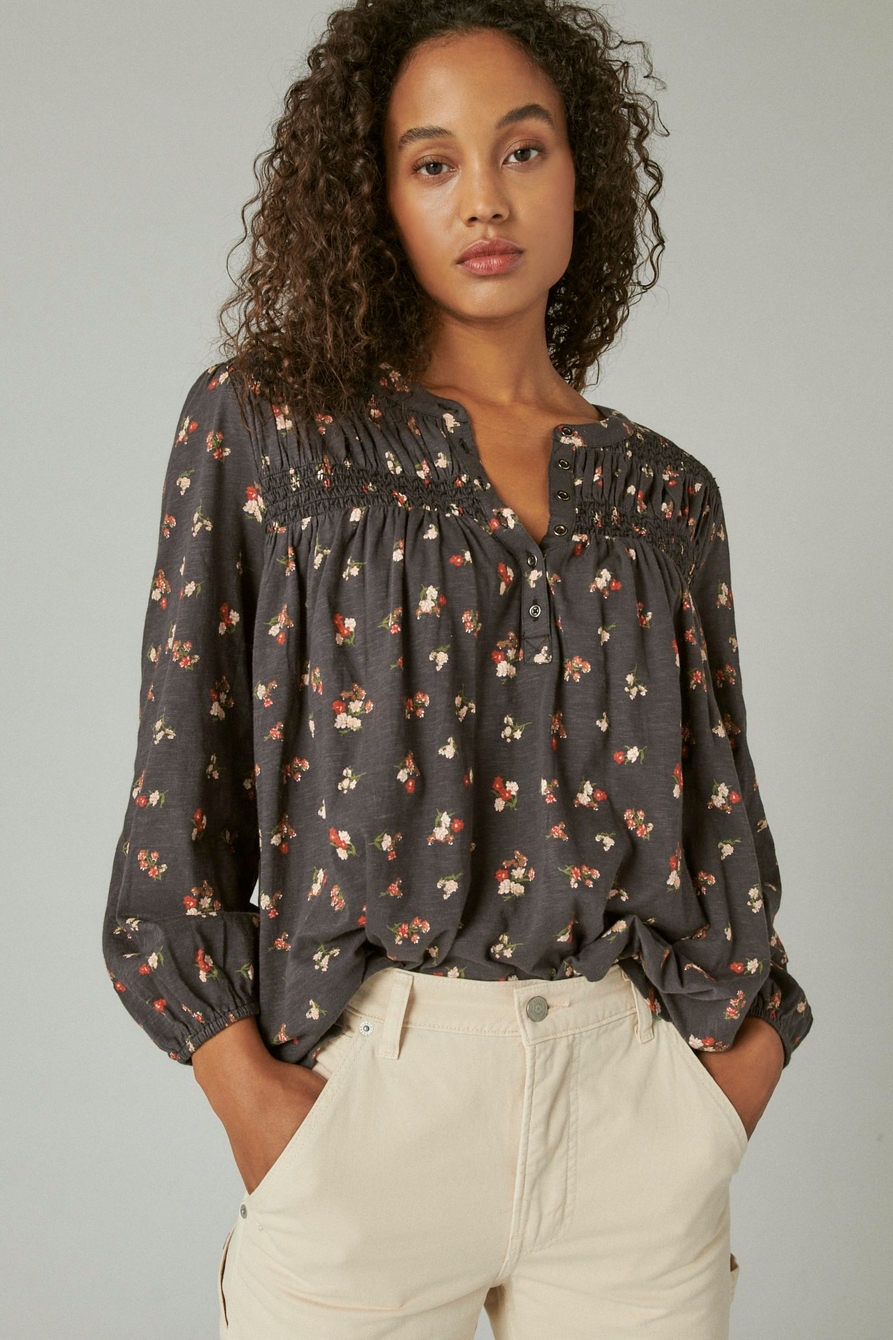 Lucky Brand Womens S/P Long-Sleeve Floral Top Back Keyhole