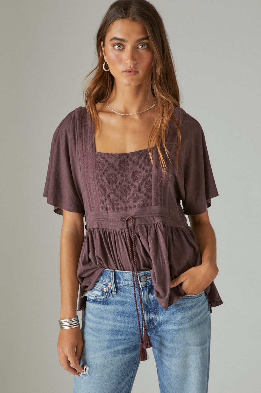 Lucky Brand Women's 3/4 Sleeve Square Neck Embroidered Top