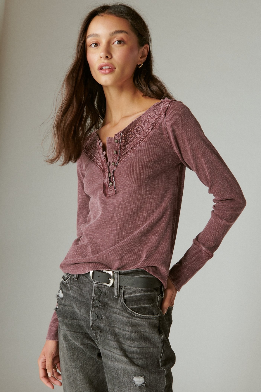Lucky Brand Lace Detail Cotton Rib Henley Top In Huckleberry
