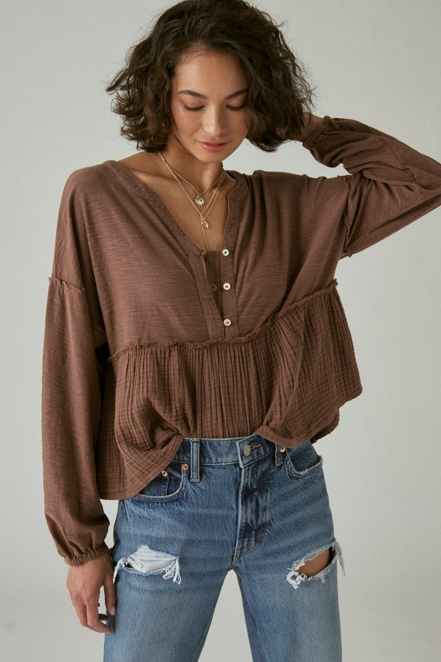LONG SLEEVE WOVEN MIX TOP, image 2