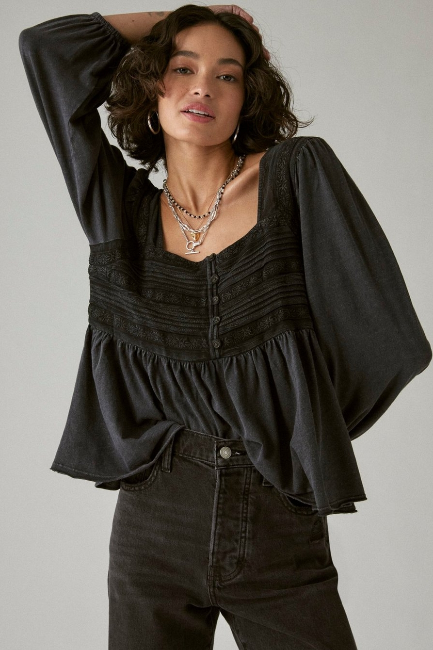 EMBROIDERED YOKE LONG SLEEVE PEASANT TOP, image 2