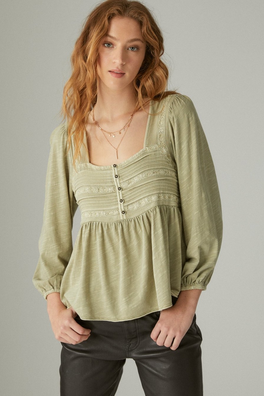 EMBROIDERED YOKE LONG SLEEVE PEASANT TOP, image 2