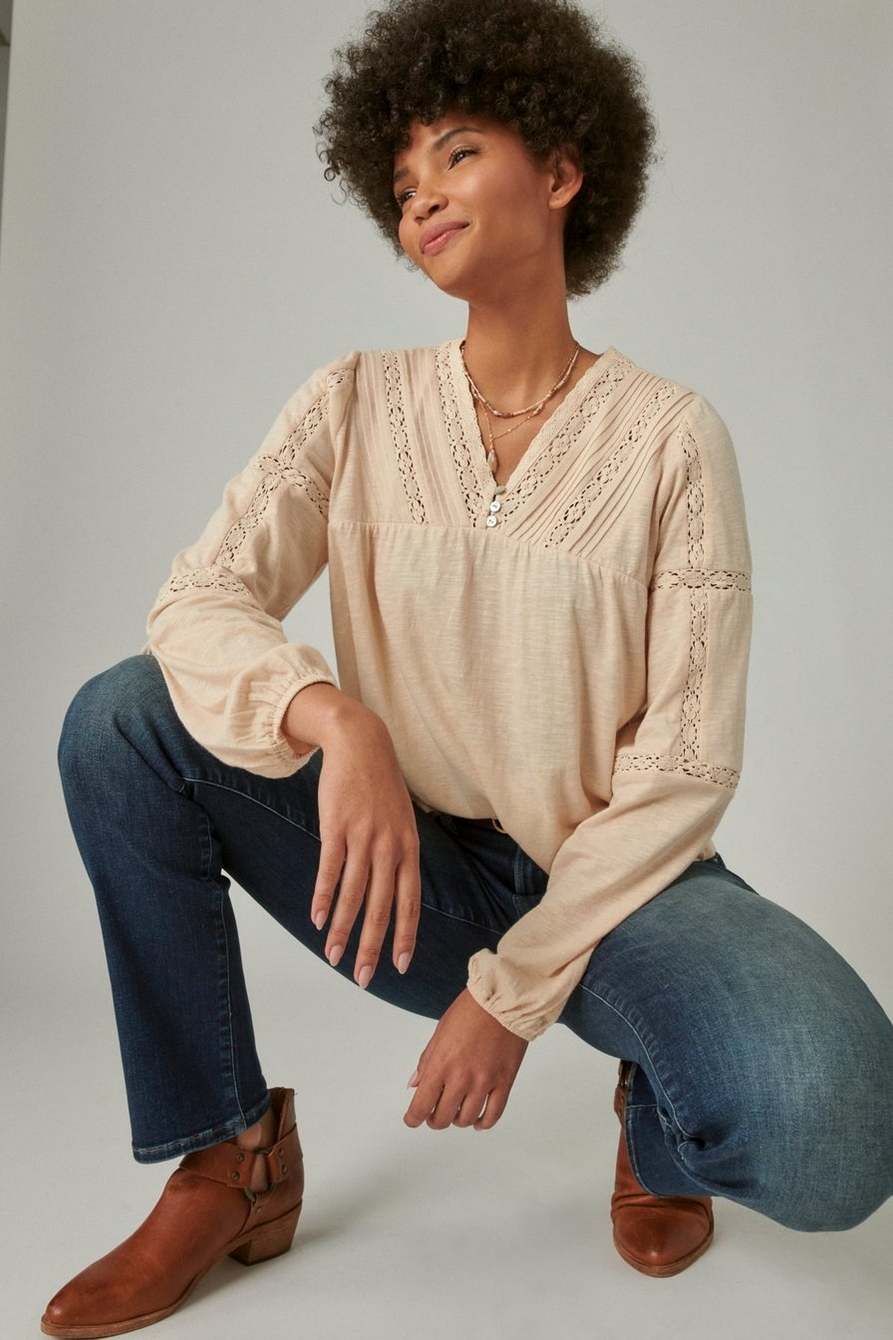 INSET LACE LONG SLEEVE PEASANT TOP, image 1