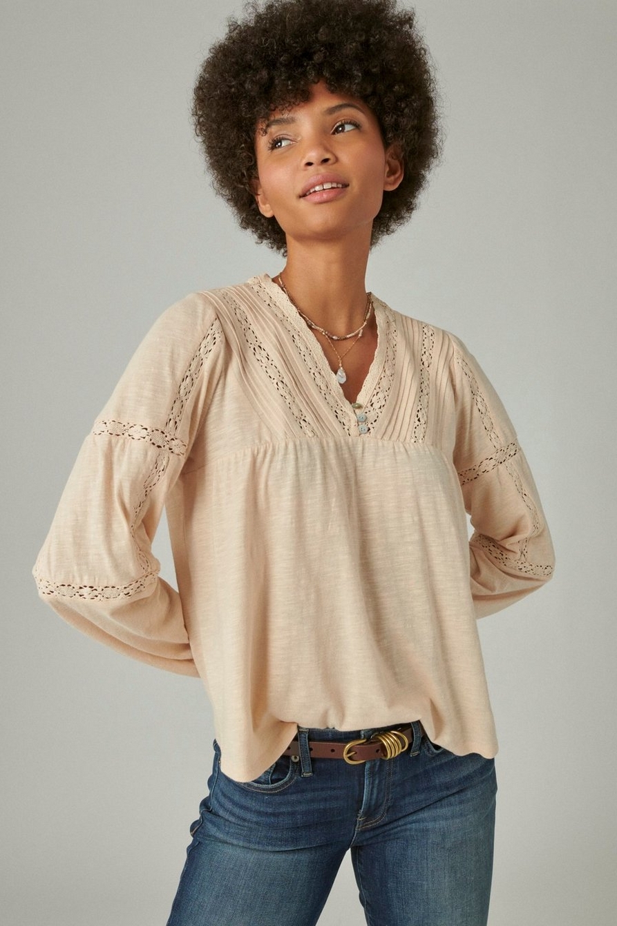 INSET LACE LONG SLEEVE PEASANT TOP, image 2