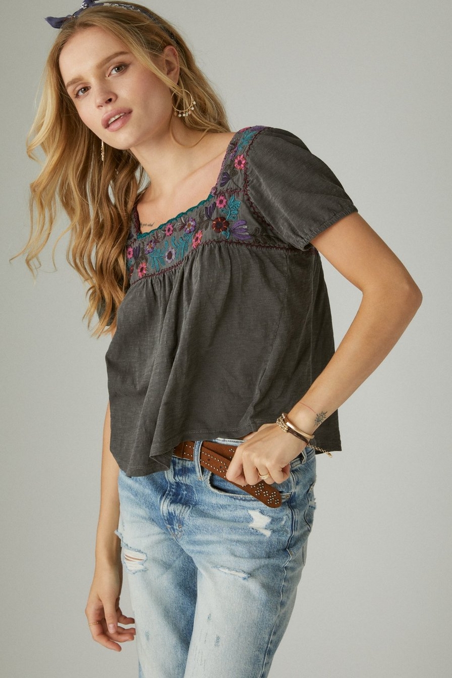 OVERDYED EMBROIDERED SMOCKED PEASANT TOP, image 1