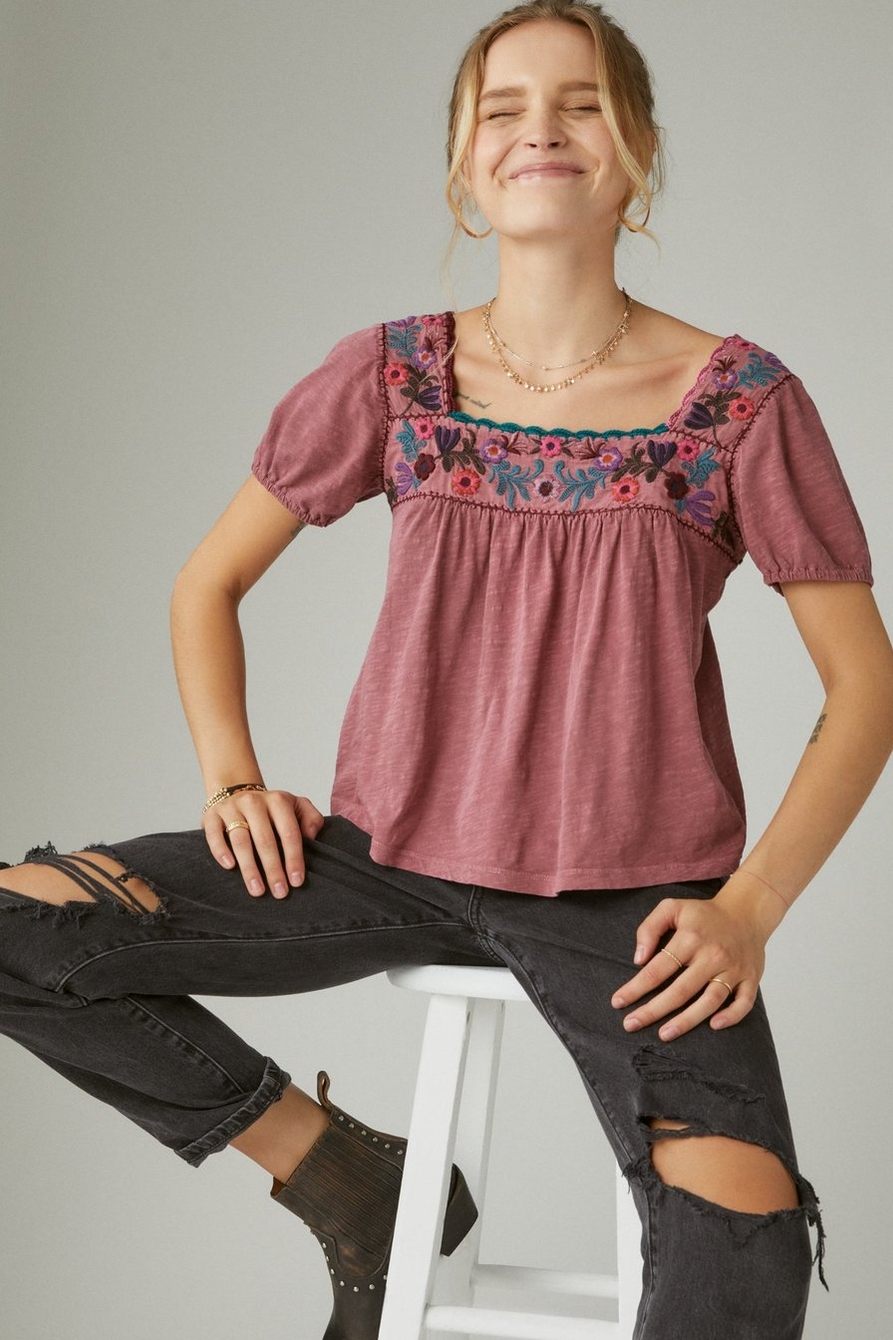 OVERDYED EMBROIDERED SMOCKED PEASANT TOP, image 1