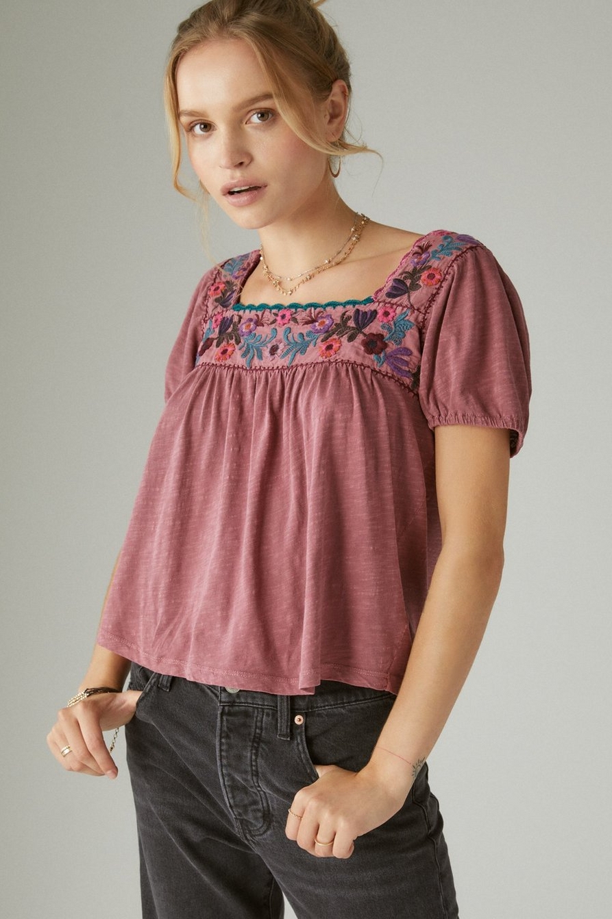 OVERDYED EMBROIDERED SMOCKED PEASANT TOP, image 2