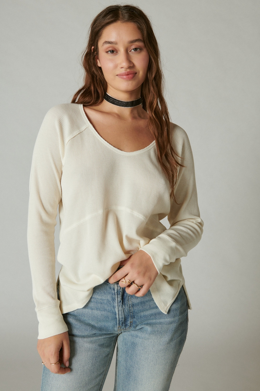 Lucky Brand Oversized V-Neck Waffle Thermal Top