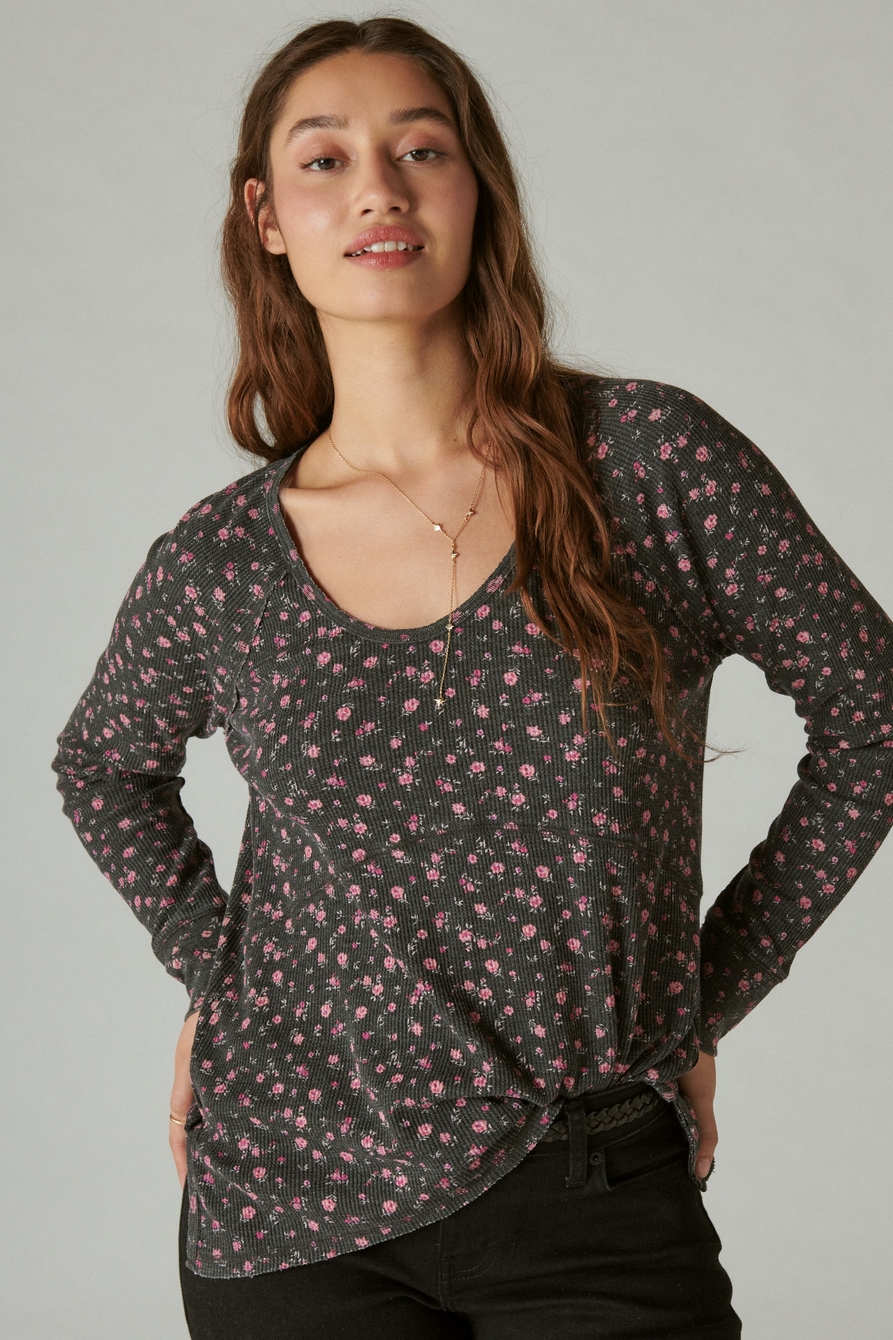 Lucky Brand Womens Waffle Printed Thermal Top