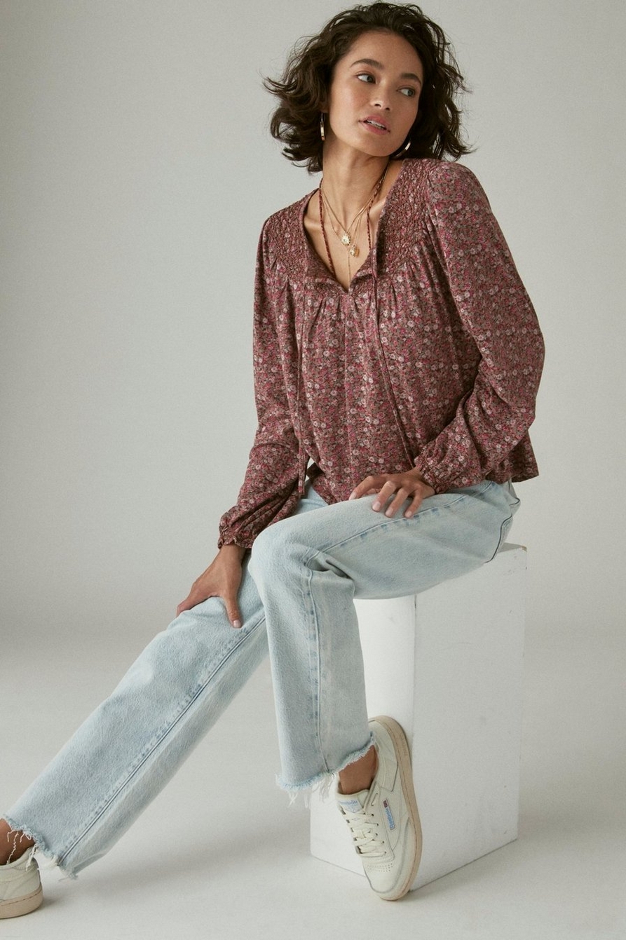 SMOCKED PEASANT NOTCH NECK TOP, image 1
